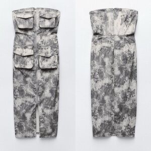 NWT ZARA 100% Cotton Strapless Printed Cargo Midi Dress Gray 2674/248